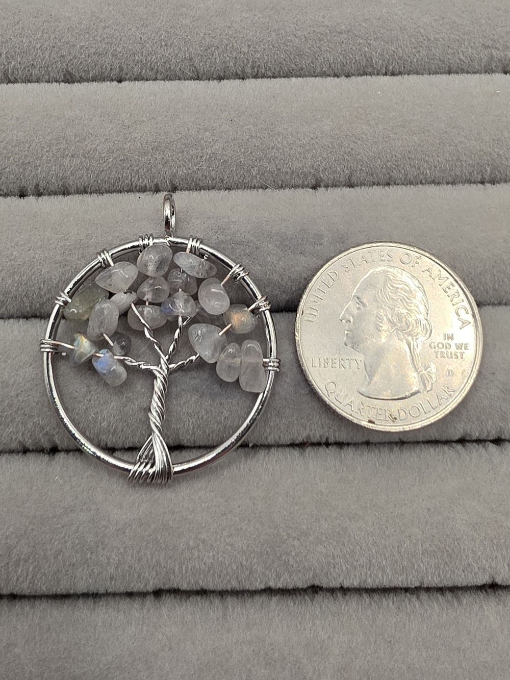 Tree of Life Pendant Necklace with Gray Moonstone Chips